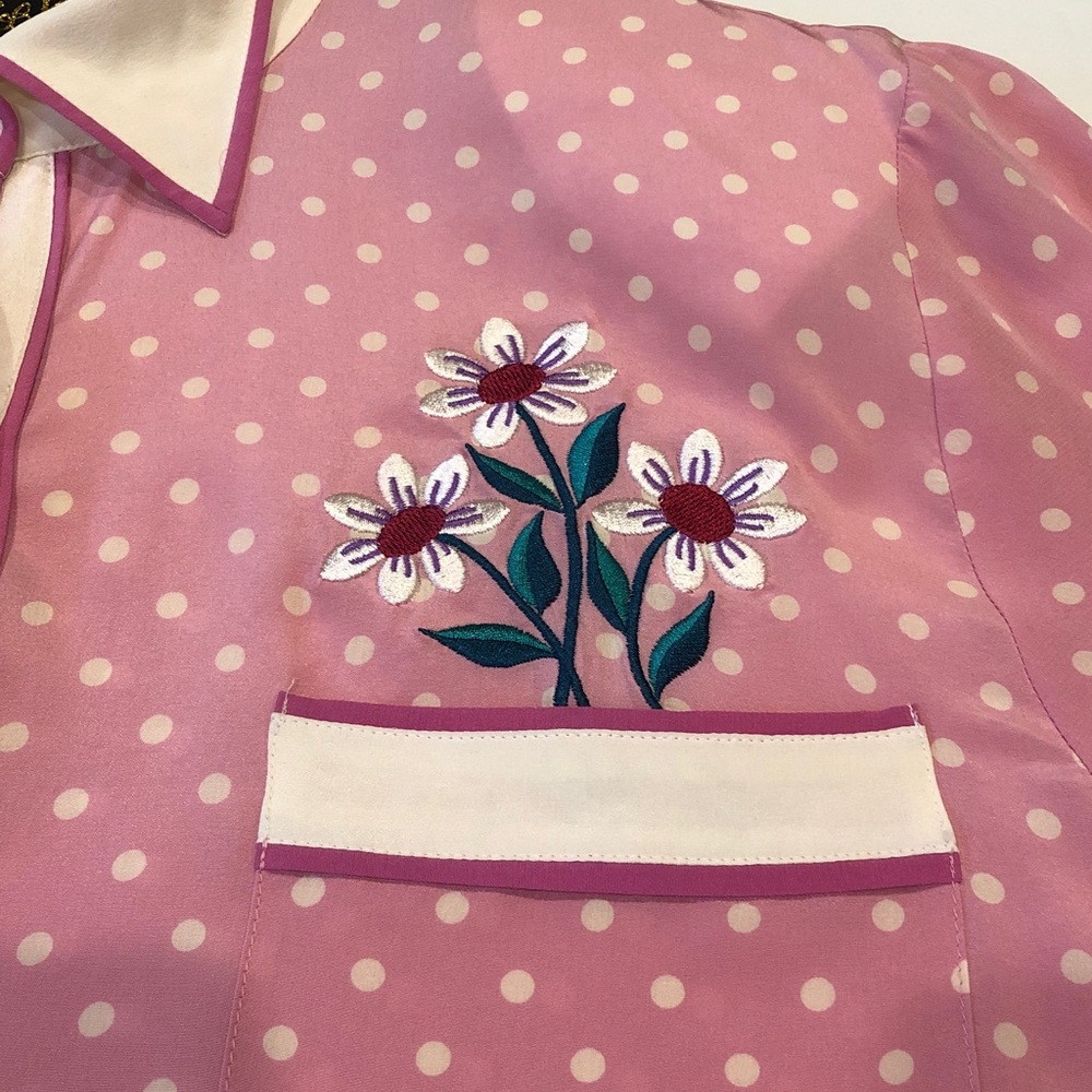 Bob Mackie Pink Polka Dot Embroidered Silk Blouse - Picture 3 of 15